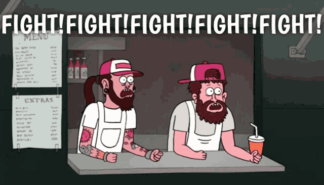 a cartoon of two men standing in front of a menu that says extras on it