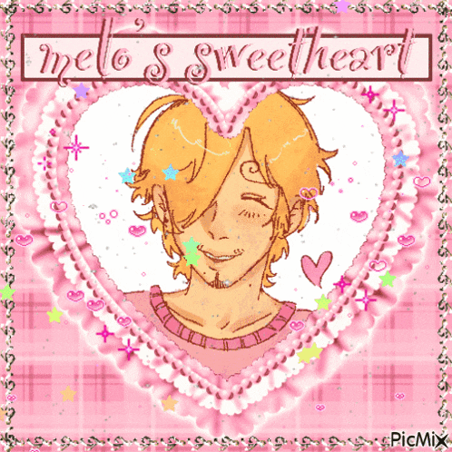 a picture of a man in a pink heart with the words melo 's sweetheart