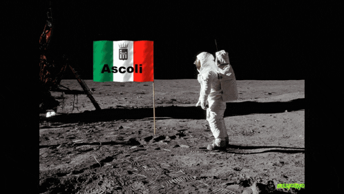 an astronaut stands on the moon with a flag that says ascoli on it