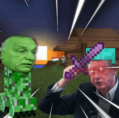 a man is holding a purple sword in front of a creeper