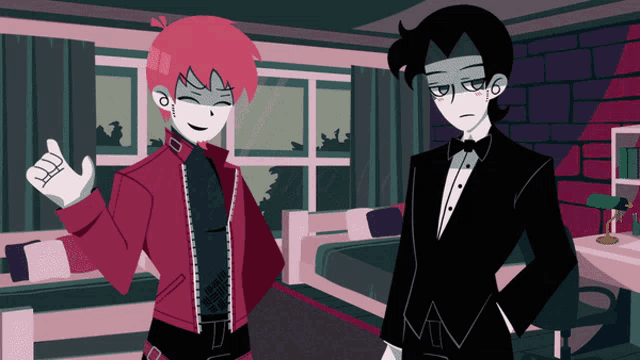 two cartoon characters one in a red jacket and one in a tuxedo are standing next to each other