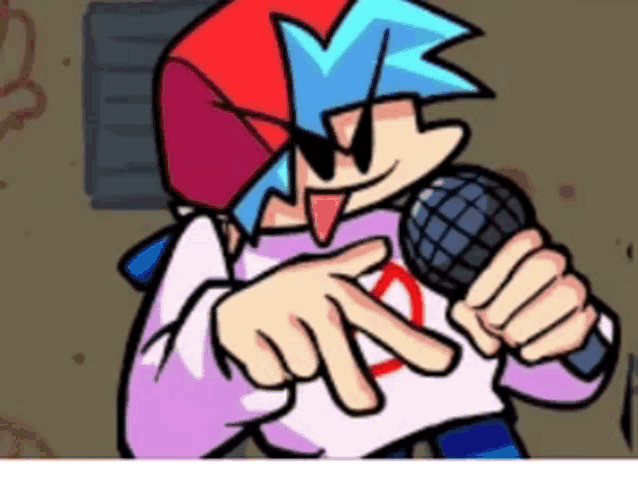 a cartoon character is holding a microphone and pointing .
