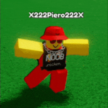 a roblox character with a red hat and a black shirt that says noob jrocken