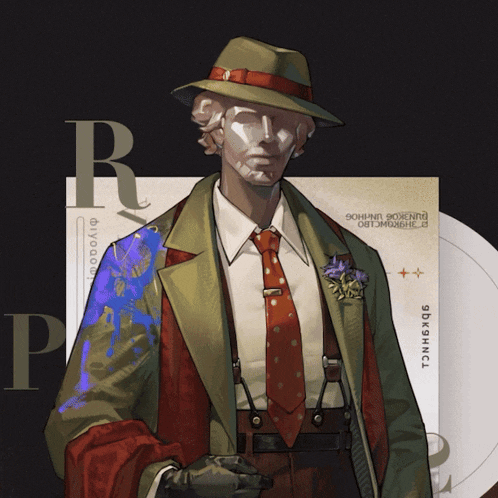 a drawing of a man in a hat and tie with the letter r in the corner