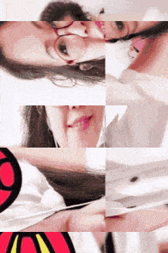 a woman wearing glasses and a white shirt is shown in a collage of images