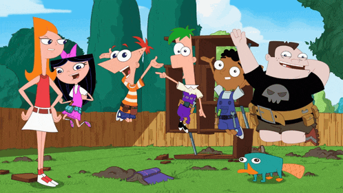 a group of cartoon characters from phineas and ferb are standing in a yard