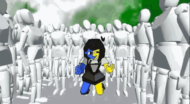 a cartoon character is kneeling in front of a crowd of mannequins .