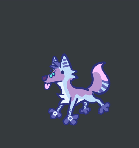 a cartoon drawing of a wolf with its tongue out and a purple tail