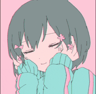 a drawing of a girl wearing a blue sweater with pink flowers in her hair
