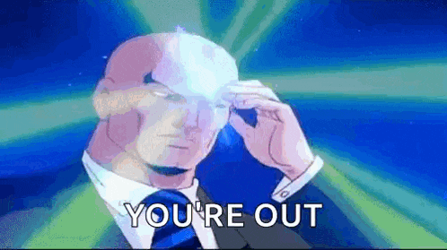 a bald man in a suit and tie is holding a light coming out of his eyes and says `` you 're out '' .