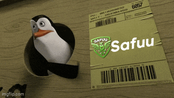 a penguin is sitting next to a safuu label