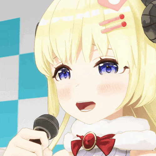 a close up of a girl holding a microphone