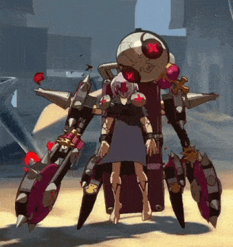 a cartoon character is standing in front of a purple robot with red eyes