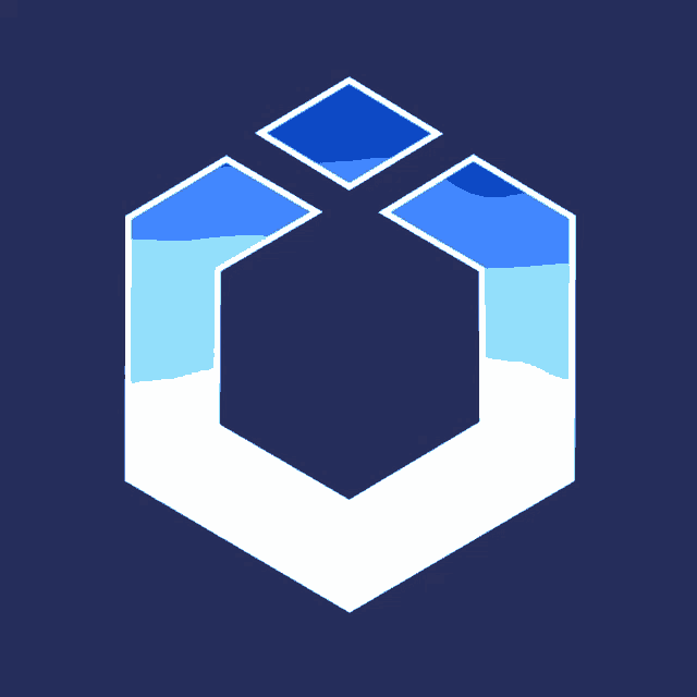 a blue and white logo with a cube in the middle