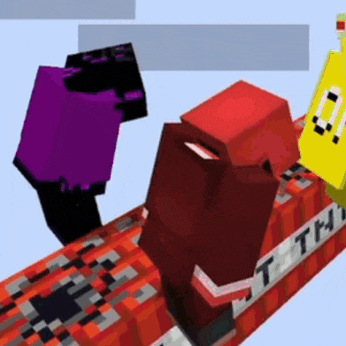 a purple minecraft character is standing next to a red minecraft character and a yellow minecraft character