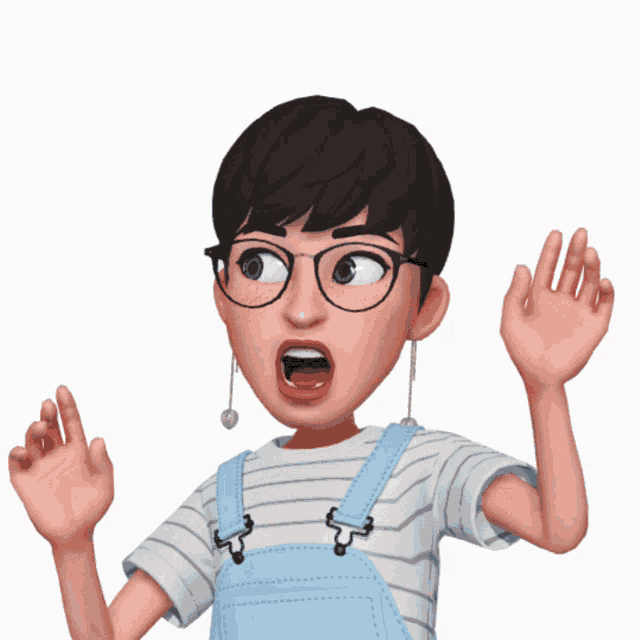 a cartoon character with glasses and overalls is making a surprised expression
