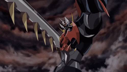 a cartoon drawing of a robot with a sword in its hand