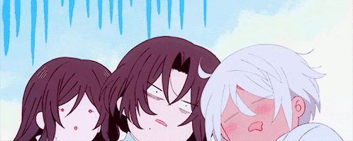 a group of anime characters are standing next to each other and one of them is making a funny face