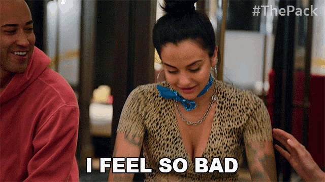 a woman says i feel so bad in front of a man in a red hoodie