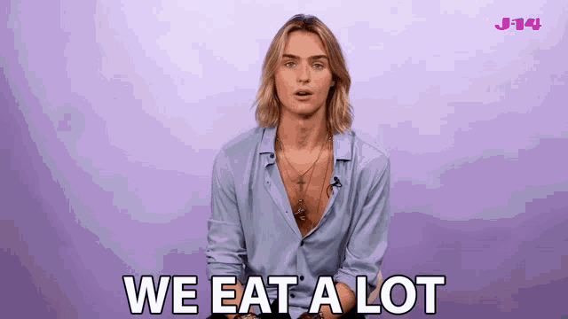 a man says we eat a lot in a purple background