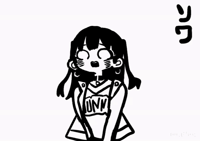 a black and white drawing of a girl wearing a shirt that says unm