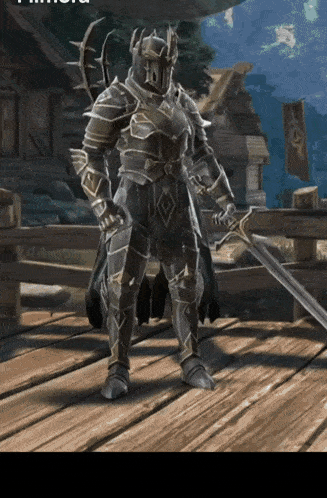 a knight in armor is holding a large sword on a wooden deck