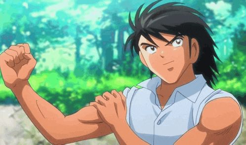 a cartoon character is flexing his muscles in front of a green background