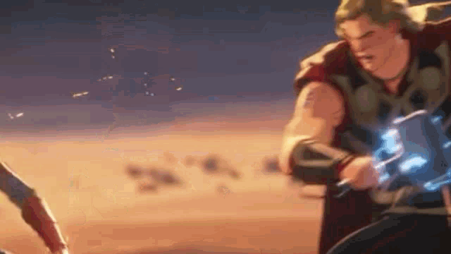 thor is holding a hammer in his hand while fighting captain america in a video game .
