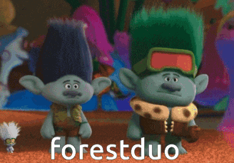 two trolls are standing next to each other and the word forest duo is on the screen