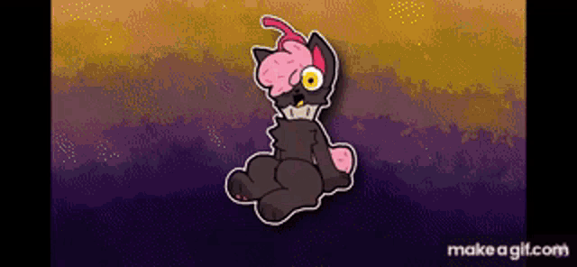 a cartoon of a cat with a pink head and yellow eyes .