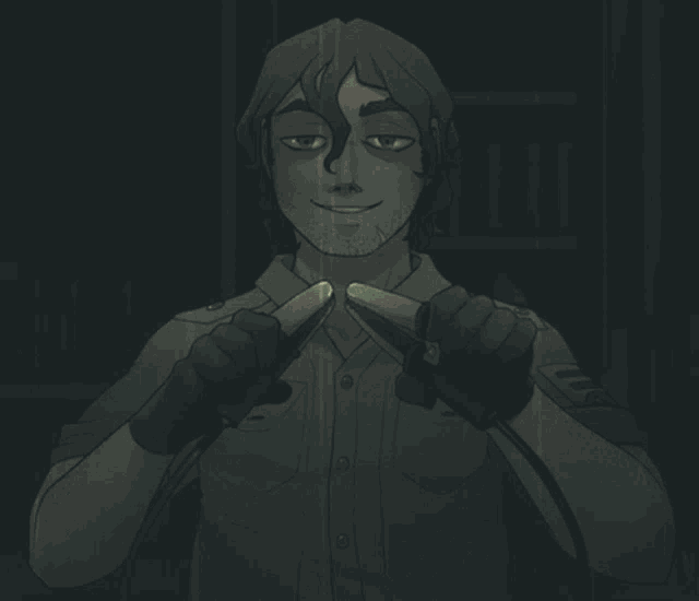 a man in a green shirt is smiling and holding a pair of scissors