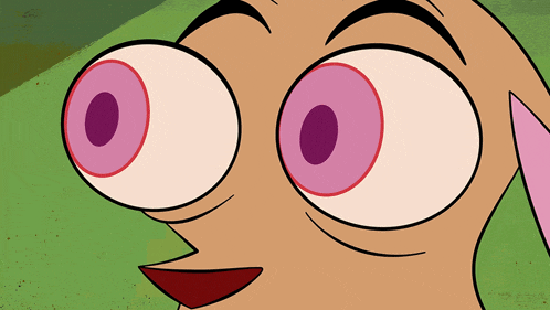 a close up of a cartoon character 's face with pink eyes