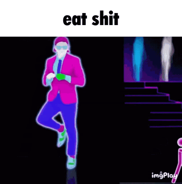 a man in a purple suit and blue pants is dancing with the words eat shit above him .