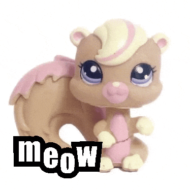 a littlest pet shop squirrel with the word meow written on it