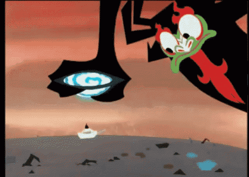 a cartoon character with a green and red face is looking at a blue object