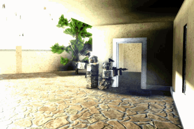 a couple of soldiers standing in a room with a stone floor