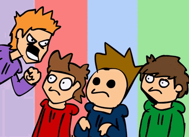 a group of cartoon characters are standing next to each other and one of them has a fist in the air
