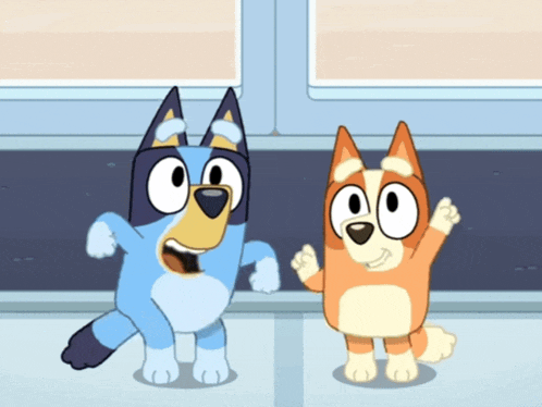 two cartoon dogs are standing next to each other and one has a surprised look on his face