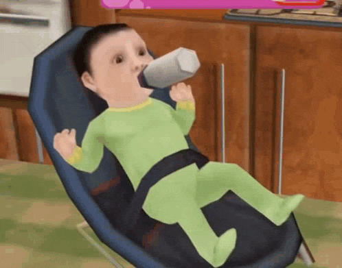 a baby is drinking milk from a bottle while sitting in a baby bouncer .