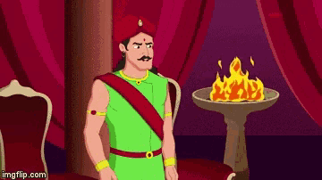 a cartoon of a man in a green outfit standing in front of a fire ..