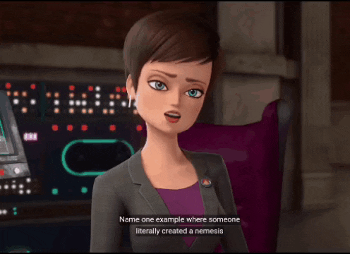 a cartoon character says " name one example where someone literally created a nemesis " in a purple chair