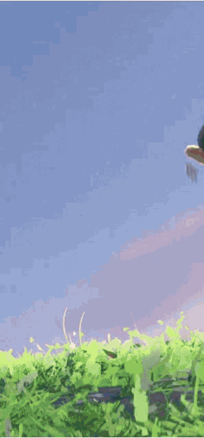 a painting of a person standing in a grassy field
