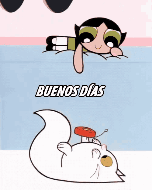 a cartoon girl laying on a bed next to a cat with the words buenos dias on the bottom