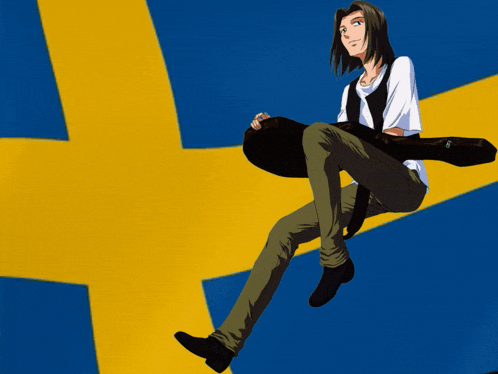 a man sitting on a yellow and blue flag holding a guitar case