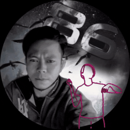 a black and white photo of a man with a drawing of a man in front of the number 6
