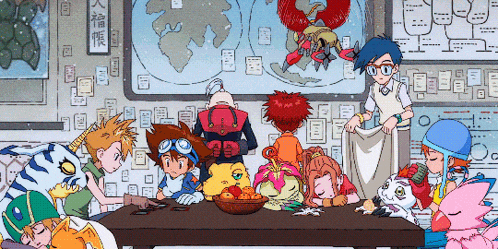 a group of cartoon characters are gathered around a table with a map in the background