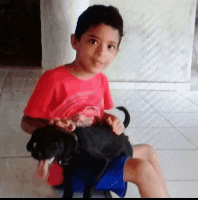 a young boy in a red shirt is holding a black dog on his lap