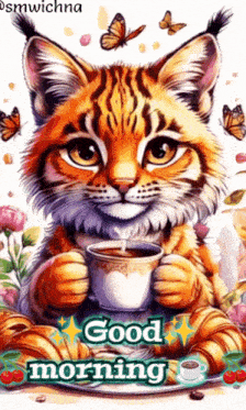 a painting of a cat holding a cup of coffee with the words good morning
