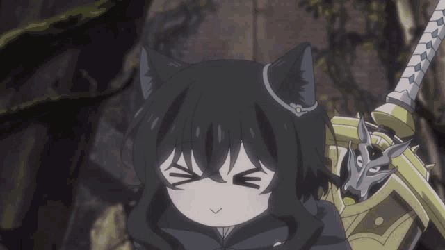 a girl with black hair and cat ears is holding a sword and making a funny face