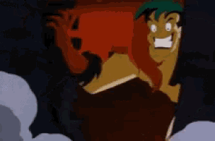 a cartoon character with a green hat is standing in a dark room with smoke coming out of it